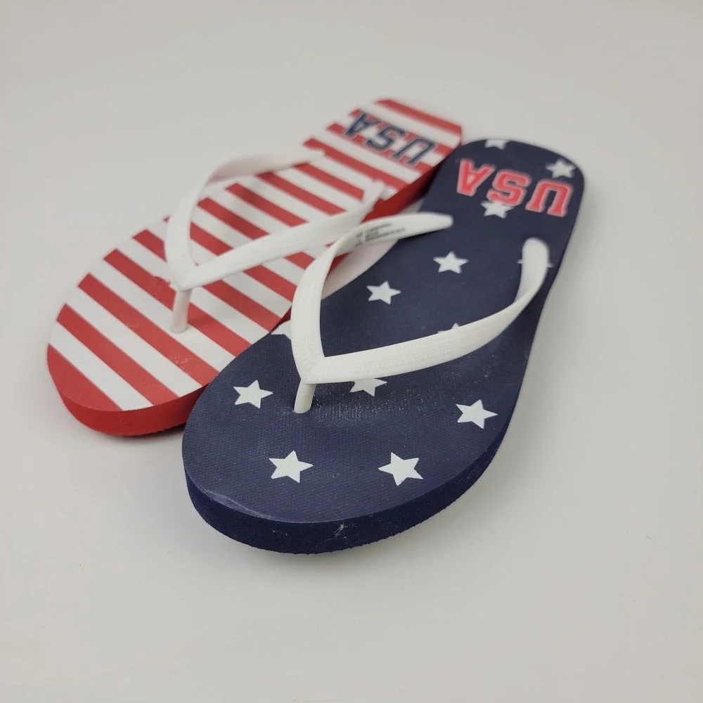 Shade & Shore Womens USA Flag Stars Stripes Flip Flops Size 8 Red White Blue